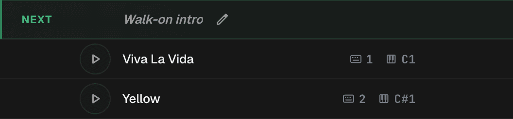 A placeholder row named Walk-on intro at the top of the setlist