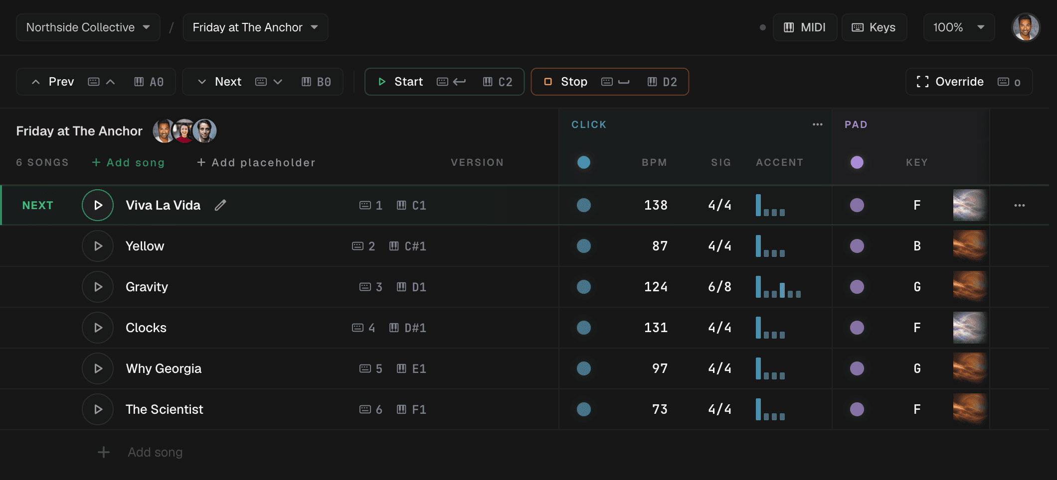 A setlist of six songs, each with its tempo, time signature, accent pattern and pad key
