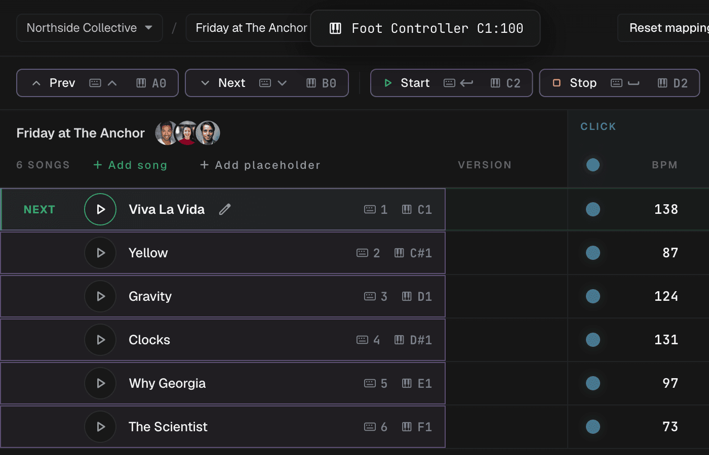 MIDI mapping mode: every transport button and song row outlined, each with its MIDI note, and a toast showing the note just played on a foot controller